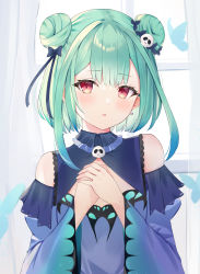 Rule 34 | 1girl, :o, animal print, bare shoulders, black bow, black ribbon, blue dress, blue hair, blush, bow, bug, butterfly, butterfly print, commentary request, curtains, double bun, dress, earrings, gradient hair, green hair, hair bow, hair bun, hair ornament, hair ribbon, hands up, highres, hololive, insect, jewelry, long sleeves, looking at viewer, multicolored hair, own hands together, red eyes, ribbon, short hair, sidelocks, sisoha, skull collar, skull earrings, skull hair ornament, solo, upper body, uruha rushia, uruha rushia (1st costume), virtual youtuber, white background, wide sleeves, window