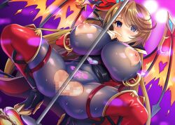 Rule 34 | bodysuit, breasts, censored, cyclops (kamihime), empty eyes, finger in own mouth, game cg, heart, huge breasts, kamihime project r, pole, pole dancing, skin tight, torn clothes