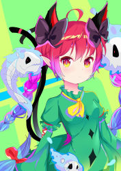 Rule 34 | 1girl, absurdres, animal ears, black bow, bow, breasts, cat ears, cat tail, closed mouth, dress, ghost, green background, green dress, green sleeves, green theme, hair between eyes, hair bow, highres, kaenbyou rin, long hair, long sleeves, looking at viewer, multicolored eyes, red bow, red eyes, red hair, shinrabanshou (ehjs2237), small breasts, tail, touhou, yellow eyes, yellow neckwear