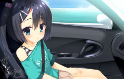 Rule 34 | 1girl, aqua eyes, aqua shirt, aria (koiiroharemoyou), blue sky, blush, brown shorts, car interior, car seat, collarbone, commentary request, commission, day, dracu-riot!, eyes visible through hair, flat chest, frilled shorts, frills, hair between eyes, hair bobbles, hair ornament, hairclip, looking at viewer, medium hair, mera azusa, ocean, off shoulder, parted lips, shirt, shorts, side ponytail, signature, skeb commission, sky, solo