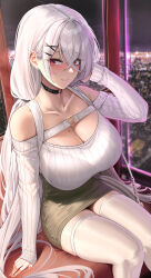 Rule 34 | 1girl, absurdres, bannou ippoutsukou, bare shoulders, black bra, black choker, blush, bra, bra visible through clothes, breasts, brown skirt, choker, cleavage, closed mouth, collarbone, crossed bangs, ear piercing, hair ornament, highres, large breasts, long hair, long sleeves, looking at viewer, mole, mole on breast, mole under eye, off shoulder, original, piercing, red eyes, sitting, skirt, smile, thighhighs, thighs, underwear, very long hair, white hair, white thighhighs