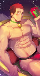 Rule 34 | 1boy, abs, bara, bell, blush, box, briefs, bulge, earrings, facial hair, gift, gift box, goatee, green eyes, highres, holding, holding gift, jewelry, large pectorals, male focus, male underwear, merry christmas, muscular, muscular male, navel, neck bell, night, night sky, nipples, original, pectorals, red hair, red male underwear, short hair, sky, snowing, solo, underwear, waku (ayamix)