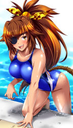 Rule 34 | 1girl, all fours, bombergirl, breasts, brown eyes, brown hair, collarbone, commentary request, competition swimsuit, dark-skinned female, dark skin, eyepatch, fang, hair ribbon, highres, large breasts, long hair, one-piece swimsuit, open mouth, oren (bombergirl), ponytail, ribbon, solo, swimsuit, tail, tan, teeth, tsuchimiya, upper teeth only, wet, wet clothes, wet swimsuit