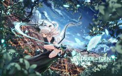 Rule 34 | 1girl, bare shoulders, black skirt, black socks, blurry, branch, city lights, clouble, cloud, crop top, day, depth of field, floating hair, hat, unworn hat, unworn headwear, highres, holding, holding sword, holding weapon, jingasa, leaf, long hair, looking at viewer, midriff, miniskirt, mouth hold, off-shoulder jacket, off shoulder, official art, outdoors, pleated skirt, red: pride of eden, red eyes, rice hat, see-through, shou (pride of eden), silver hair, skirt, sky, slit pupils, socks, solo, swinging, sword, thighs, watermark, weapon, wristband