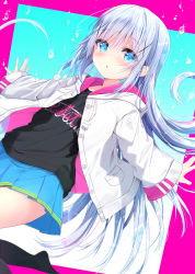Rule 34 | 1girl, :o, black shirt, black socks, blue background, blue eyes, blue hair, blue skirt, blush, clothes writing, commentary request, drawstring, gochuumon wa usagi desu ka?, hair between eyes, hair ornament, highres, hood, hood down, hooded jacket, jacket, kafuu chino, kneehighs, kouda suzu, long hair, looking at viewer, open clothes, open jacket, outstretched arms, parted lips, pleated skirt, purple background, shirt, skirt, sleeves past wrists, socks, solo, tippy (gochiusa), two-tone background, very long hair, white jacket, x hair ornament
