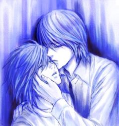 Rule 34 | 00s, blue theme, death note, closed eyes, l (death note), lowres, monochrome, yagami light