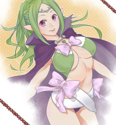 Rule 34 | 1girl, bow, breasts, cape, circlet, cleavage, fire emblem, fire emblem awakening, green hair, jewelry, large breasts, long hair, looking at viewer, mamoru (pixiv), nintendo, nowi (fire emblem), aged up, pendant, pointy ears, ponytail, purple eyes, smile, solo