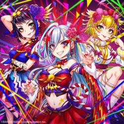 Rule 34 | 3girls, album cover, arm up, bare shoulders, bell, blonde hair, blue flower, blue hair, blue kimono, breasts, choker, cleavage, cover, denonbu, detached sleeves, flower, fur-trimmed sleeves, fur trim, hair between eyes, hair flower, hair ornament, highres, houou karin, japanese clothes, jewelry, jingle bell, kimono, long hair, looking at viewer, medium breasts, midriff, multicolored hair, multicolored nails, multiple girls, nail polish, navel, official alternate costume, official art, open mouth, pink flower, pleated skirt, purple flower, red hair, red skirt, ring, sakiyamama, seto mitsuki (denonbu), short kimono, skirt, smile, standing, stomach tattoo, streaked hair, taiga lucia, tattoo, tongue, tongue out, very long hair, white hair, yellow eyes