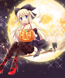 Rule 34 | 1girl, :d, aino osaru, blonde hair, blue eyes, blush, broom, broom riding, candy, candy cane, cat, choker, detached sleeves, dress, fishnets, food, full moon, garter straps, hat, high heels, highres, holding, holding pumpkin, holding vegetable, jack-o&#039;-lantern, lollipop, long hair, moon, open mouth, original, pumpkin, ribbon choker, shoes, sidesaddle, sky, smile, solo, star (sky), star (symbol), starry sky, striped, sweets, swirl lollipop, thighhighs, twintails, vegetable, witch, witch hat