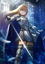 Rule 34 | 1girl, armor, armored boots, black shirt, black skirt, black thighhighs, blonde hair, blue cape, blue eyes, boots, breastplate, cape, cape hold, capelet, closed mouth, commentary request, feathers, floating hair, gauntlets, hair between eyes, hair ornament, holding, holding sword, holding weapon, indoors, long hair, looking at viewer, multicolored cape, multicolored clothes, original, pleated skirt, saber (weapon), shirt, skirt, solo, standing, sword, thighhighs, very long hair, wasabi60, weapon, white capelet, white feathers