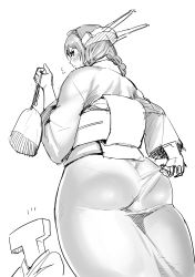 Rule 34 | 10s, 1boy, 1girl, ass, bad id, bad pixiv id, curvy, greyscale, highres, huge ass, japanese clothes, kantai collection, kimono, kimono pull, looking at viewer, looking back, monochrome, nagato (kancolle), panties, pantylines, plump, pout, pull, simple background, synecdoche, t-head admiral, thighs, underwear, wedgie, white background, wide hips