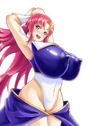 Rule 34 | 00s, 1girl, arm up, armpits, arms up, blue eyes, blush, breasts, covered erect nipples, gloves, groin, gundam, gundam seed, gundam seed destiny, hair ornament, highres, huge breasts, impossible clothes, leotard, long hair, meer campbell, nipples, pink hair, simple background, skin tight, solo, thighs, white background, white gloves, yachan