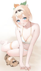 Rule 34 | 1girl, absurdres, arm support, bare arms, bare shoulders, barefoot, bikini, blonde hair, blue eyes, blush, breasts, cleavage, full body, hairband, highres, hololive, kazama iroha, looking at viewer, medium hair, navel, parted lips, pokobee, ryuya, sitting, small breasts, solo, swimsuit, thigh strap, v arms, virtual youtuber, yokozuwari
