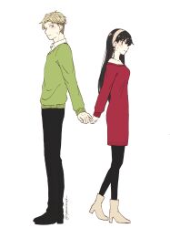 Rule 34 | 1boy, 1girl, absurdres, back-to-back, black hair, black pants, blonde hair, blue eyes, blush, closed mouth, commentary request, couple, dress, earrings, frown, full body, green sweater, hair between eyes, hetero, highres, holding hands, jewelry, long hair, looking back, oyasumisuya, pants, pinky swear, profile, red dress, red eyes, short hair, shy, single bare shoulder, sleeves past wrists, spy x family, standing, straight hair, sweatdrop, sweater, sweater dress, twilight (spy x family), twitter username, yor briar