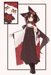 Rule 34 | 1girl, animal ears, blush, boots, brown hair, bug, butterfly, closed mouth, commentary, cross-laced footwear, flower, full body, furisode, hair flower, hair ornament, hanafuda, highres, imaizumi kagerou, bug, japanese clothes, kaginoni, kimono, lace-up boots, long hair, long sleeves, looking at viewer, red eyes, smile, solo, standing, touhou, wolf ears