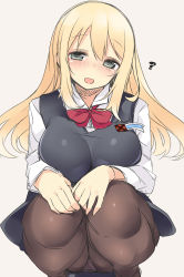 Rule 34 | 10s, 1girl, ?, atago (kancolle), black pantyhose, blonde hair, blush, breasts, green eyes, kantai collection, large breasts, long hair, nekoume, office lady, panties, panties under pantyhose, pantyhose, personification, smile, solo, squatting, underwear