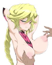 Rule 34 | 1boy, 1girl, aged up, armpits, arms up, blonde hair, blush, braid, braided ponytail, breasts, carol malus dienheim, clothing cutout, grabbing, grabbing another&#039;s breast, green eyes, highres, large breasts, long hair, mole, mole under eye, nipple stimulation, nipple tweak, nipples, ohako, puffy nipples, senki zesshou symphogear, shiny clothes, shiny skin, side cutout, sideless outfit, simple background, solo focus, white background