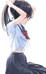 Rule 34 | 1girl, adjusting hair, bad id, bad twitter id, black hair, blue eyes, blue sailor collar, blue skirt, blush, breast pocket, closed mouth, expressionless, hair tie, hair tie in mouth, hands up, highres, long hair, midriff, mouth hold, neckerchief, original, pleated skirt, pocket, ponytail, red neckerchief, sailor collar, school uniform, serafuku, shirt, short sleeves, simple background, skirt, solo, tying hair, tyutaka0427, white background, white shirt