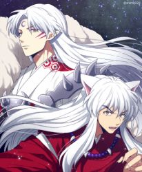 Rule 34 | 2boys, animal ears, armor, beads, brothers, dog ears, facial mark, inuyasha, inuyasha (character), japanese clothes, jewelry, long hair, male focus, mashima shima, multiple boys, necklace, open mouth, pointy ears, sesshoumaru, siblings, sky, star (sky), starry sky, twitter username, white hair, yellow eyes
