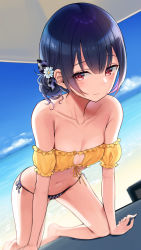 Rule 34 | 1girl, all fours, beach, bikini, blue hair, bow, breasts, cleavage, collarbone, day, flower, hair bow, hair flower, hair ornament, highres, idolmaster, idolmaster shiny colors, looking at viewer, mirei, morino rinze, off-shoulder bikini, off shoulder, outdoors, red eyes, short hair, side-tie bikini bottom, sky, small breasts, solo, stomach, string bikini, swimsuit, thighs