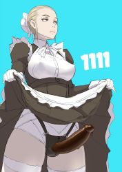 Rule 34 | 1girl, apron, blonde hair, blue background, chocolate, chocolate covered, clothes lift, covered erect nipples, dildo, frills, gloves, hair bun, harness, maid, maid headdress, mikoyan, original, puffy sleeves, sex toy, single hair bun, skirt, skirt lift, solo, strap-on, thighhighs, wa maid, white thighhighs