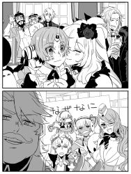 Rule 34 | 2koma, abs, altera (fate), altera the santa (fate), bad id, bad twitter id, blush, bottle, character doll, character request, closed eyes, comic, earmuffs, earrings, edward teach (fate), edward teach (formal dress) (fate), eyewear on head, fake facial hair, fake mustache, fate/grand order, fate (series), flower, frankenstein&#039;s monster (fate), frankenstein&#039;s monster (formal dress) (fate), gilgamesh, gilgamesh (caster) (fate), gilgamesh (fate), goredolf musik, greyscale, hair flower, hair ornament, hand puppet, highres, holding, holding bottle, horns, imminent kiss, jewelry, karna (fate), karna (formal dress) (fate), kiss, kissing cheek, kiyohime (fate), kiyohime (formal dress) (fate), koyanskaya (fate), koyanskaya (foreigner) (first ascension) (fate), kyouna, long hair, looking at another, looking at viewer, maid, marie antoinette (fate), marie antoinette (formal dress) (fate), medjed (fate), messy hair, monochrome, multiple boys, multiple girls, nitocris (fate), official alternate costume, one eye closed, open clothes, open shirt, out of frame, puppet, sheep, shirt, short hair, sign, single horn, translation request, water bottle, wolfgang amadeus mozart (fate), wolfgang amadeus mozart (formal dress) (fate), yuri