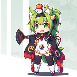 Rule 34 | 1girl, :d, animal ear fluff, animal ear legwear, animal ears, azur lane, bell, black hairband, black ribbon, black thighhighs, blush, boots, cat ear legwear, cat ears, chibi, commentary request, dress, fang, flower knot, folding fan, full body, green eyes, green hair, hair bell, hair between eyes, hair ornament, hair ribbon, hairband, hand fan, highres, holding, holding fan, isokaze (azur lane), jingle bell, langbazi, long hair, long sleeves, on head, open mouth, ribbon, short dress, signature, smile, solo, standing, thick eyebrows, thighhighs, thighhighs under boots, v-shaped eyebrows, very long hair, white dress, white footwear, wide sleeves, zoom layer