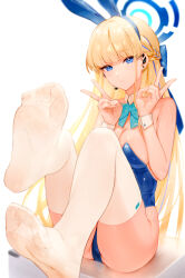 Rule 34 | 1girl, animal ears, aos, bare shoulders, blonde hair, blue archive, blue bow, blue bowtie, blue eyes, blue leotard, bow, bowtie, breasts, closed mouth, detached collar, double v, fake animal ears, feet, foot focus, foreshortening, full body, halo, hands up, highres, leotard, long hair, looking at viewer, medium breasts, no shoes, playboy bunny, presenting foot, rabbit ears, sitting, soles, solo, thighhighs, toki (blue archive), toki (bunny) (blue archive), v, white thighhighs, white wrist cuffs, wrist cuffs
