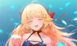 Rule 34 | 1girl, :d, ahoge, andychen, animal ears, bare shoulders, black dress, blonde hair, breasts, closed eyes, collarbone, commentary request, crying, dress, facing viewer, floating hair, hair ornament, hair ribbon, halter dress, halterneck, highres, hololive, horns, long hair, open mouth, red ribbon, revision, ribbon, round teeth, sheep ears, sheep girl, sheep horns, smile, solo, teeth, tsunomaki watame, tsunomaki watame (1st solo live), upper body, upper teeth only, virtual youtuber