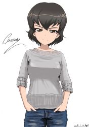 Rule 34 | 10s, 1girl, artist name, blue pants, brown eyes, brown hair, bukkuri, caesar (girls und panzer), casual, character name, closed mouth, cowboy shot, cursive, dated, denim, girls und panzer, grey sweater, hands in pockets, jeans, long sleeves, looking at viewer, pants, short hair, signature, simple background, sketch, sleeves rolled up, smile, solo, standing, sweater, white background