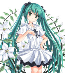 Rule 34 | 1girl, aqua hair, female focus, flower, green eyes, hand on own hip, hatsune miku, hip focus, jewelry, long hair, nature, necklace, skirt, smile, solo, tomojiro, twintails, very long hair, vocaloid, white background, world is mine (vocaloid)