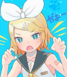 Rule 34 | 1girl, aqua eyes, bare arms, bare shoulders, blonde hair, blue background, bow, claw pose, collarbone, commentary, fangs, flat chest, gao, hair bow, hair ornament, hairclip, highres, kagamine rin, leaning forward, neckerchief, number tattoo, paw print, paw print background, roaring, sailor collar, shirt, shoulder tattoo, skinny, sleeveless, sleeveless shirt, solo, sound effects, tattoo, treble clef, vocaloid, white bow, yasuno-labo, yellow neckerchief