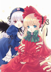 Rule 34 | 00s, 2girls, :o, black wings, blonde hair, blue eyes, bonnet, dress, flower, frills, hairband, lolita hairband, long sleeves, looking at viewer, lowres, multiple girls, own hands together, parted lips, pink eyes, red dress, rose, rozen maiden, shinku, silver hair, simple background, sitting, suigintou, twintails, upper body, v arms, white background, wings