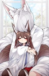 Rule 34 | 2girls, = =, absurdres, age difference, aged down, amagi-chan (azur lane), animal ear fluff, animal ears, azur lane, blue sky, blunt bangs, blush, brown hair, closed eyes, cloud, cloudy sky, commentary, covered face, dated commentary, fox ears, fox girl, fox tail, hair ornament, highres, hug, indoors, japanese clothes, kaga (azur lane), kimono, kitsune, kyuubi, long hair, multiple girls, multiple tails, samip, short hair, sidelocks, sky, tail, thick eyebrows, tree, twintails, white hair, wide sleeves, window