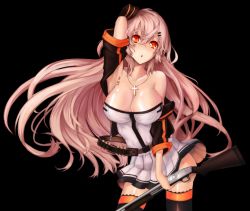Rule 34 | 1girl, ammunition belt, arm behind head, armpits, bandolier, belt, black background, blush, body writing, breasts, brown hair, buckle, cleavage, collarbone, cross, cross necklace, floating hair, girls&#039; frontline, gun, hair between eyes, hat, holding, holding gun, holding weapon, jacket, jewelry, large breasts, long hair, looking at viewer, m37 (girls&#039; frontline), necklace, off shoulder, open clothes, open jacket, open mouth, orange eyes, pleated skirt, shiny skin, shotgun shell, sidelocks, simple background, skirt, solo, thighhighs, thighs, very long hair, weapon, xing (qq512276613)