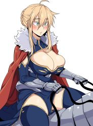 Rule 34 | 1girl, ahoge, aqua eyes, artoria pendragon (fate), artoria pendragon (lancer) (fate), blue leotard, blue thighhighs, blush, braid, breasts, cape, cleavage cutout, clothing cutout, commentary request, detached sleeves, eyelashes, fate/grand order, fate (series), french braid, fur-trimmed cape, fur trim, gauntlets, gold trim, hair between eyes, heattech leotard, highres, holding, holding reins, kook, korean commentary, large breasts, leotard, open mouth, red cape, reins, sidelocks, simple background, sitting, skindentation, solo, thighhighs, turtleneck, white background