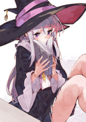 Rule 34 | 1girl, black hat, black robe, black skirt, book, closed mouth, commentary request, elaina (majo no tabitabi), feet out of frame, hair between eyes, hands up, hat, highres, holding, holding book, hood, hood down, hooded robe, knees up, lamb (hitsujiniku), long hair, long sleeves, looking at viewer, majo no tabitabi, open book, open clothes, open robe, pleated skirt, purple eyes, robe, shirt, silver hair, sitting, skirt, smile, solo, very long hair, white shirt, wide sleeves, witch hat