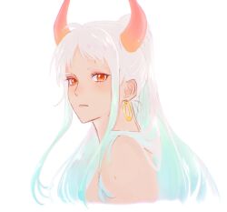 Rule 34 | 1girl, ahoge, aqua hair, commentary request, dcdc 28h, earrings, highres, horns, jewelry, lone nape hair, multicolored hair, multicolored horns, one piece, orange eyes, orange horns, parted lips, ponytail, profile, red horns, sidelocks, simple background, solo, two-tone hair, two-tone horns, upper body, white background, white hair, yamato (one piece)