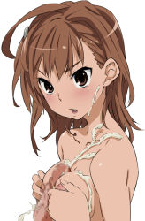 Rule 34 | 1boy, 1girl, bad id, bad pixiv id, breasts, breasts squeezed together, brown eyes, brown hair, censored, collarbone, cum, cum on body, cum on breasts, cum on upper body, ears, ejaculation, facial, from side, hair ornament, hairclip, hetero, misaka mikoto, mosaic censoring, naizuri, nipples, nude, open mouth, paizuri, penis, short hair, small breasts, solo focus, toaru majutsu no index, toru k, unaligned breasts, white background