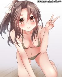 Rule 34 | 1girl, alternate costume, bikini, blush, breasts, brown bikini, cleavage, closed mouth, dated, gradient background, grey bikini, grey hair, hair between eyes, high ponytail, highres, kantai collection, light brown hair, long hair, nuka (nvkka), one-hour drawing challenge, ponytail, solo, swimsuit, v, zuihou (kancolle)