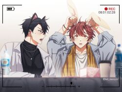 Rule 34 | 2boys, absurdres, animal ear hairband, animal ears, bishounen, black hair, blush, bottle, cat ear hairband, cat ears, chain, chain necklace, cup, disposable cup, ear piercing, fake animal ears, given, hairband, highres, jewelry, male focus, mi muuuu, multiple boys, necklace, open clothes, open mouth, piercing, rabbit ears, red eyes, red hair, satou mafuyu, uenoyama ritsuka, viewfinder, water bottle