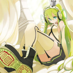 Rule 34 | 1girl, alternate costume, boots, crossed legs, crown, foreshortening, green eyes, green hair, hatsune miku, headset, long hair, matching hair/eyes, sitting, skirt, smile, solo, striped clothes, striped thighhighs, tansuke, thighhighs, twintails, vertical-striped clothes, vertical-striped thighhighs, very long hair, vocaloid, yellow thighhighs