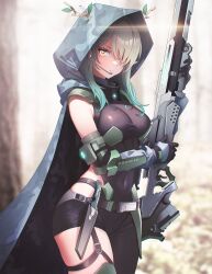 Rule 34 | 1girl, antlers, bodysuit, branch, camouflage, camouflage jacket, ceres fauna, cloak, elbow gloves, gloves, green hair, gun, headset, highres, hololive, hololive english, hood, hooded cloak, horns, jacket, knife, leotard, long hair, looking at viewer, multicolored hair, rifle, sk jynx, solo, tree, virtual youtuber, weapon, woodland camouflage, yellow eyes