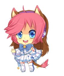 Rule 34 | 1girl, :d, animal ears, blue eyes, boots, brown hair, cat ears, cat girl, cat tail, female focus, headphones, hoshine stella, lowres, multicolored hair, open mouth, pink hair, shirt, skirt, smile, solo, star (symbol), tail, utau