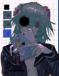 Rule 34 | 1girl, aqua hair, aqua nails, black sailor collar, black shirt, charm (object), chromatic aberration, commentary, covered mouth, covering own mouth, decided 218, distortion, grid background, hair between eyes, hair ornament, handheld game console, highres, holding, holding handheld game console, long sleeves, looking at viewer, medium hair, nail polish, nintendo 3ds, one eye covered, open clothes, open shirt, original, pixelated, purple eyes, sailor collar, sailor shirt, shirt, solo, sticker, symbol-only commentary, upper body, white background