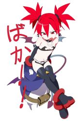 Rule 34 | 1girl, absurdres, angry, arm belt, bare shoulders, belt, black choker, black footwear, black gloves, black shorts, boots, buckle, choker, commentary, demon girl, demon tail, demon wings, disgaea, earrings, elbow gloves, etna (disgaea), fang, flat chest, gloves, hair between eyes, highres, jewelry, jiryu50610218, looking down, navel, o-ring, o-ring choker, open mouth, pointy ears, prinny, red hair, romaji commentary, short hair, shorts, sitting, sitting on face, sitting on person, skin fang, skull earrings, tail, thigh boots, translation request, twintails, v-shaped eyebrows, white belt, wings