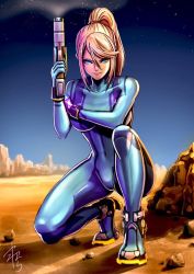 Rule 34 | 1girl, blonde hair, blue bodysuit, blue eyes, blue sky, bodysuit, closed mouth, commentary request, gun, high heels, high ponytail, holding, holding gun, holding weapon, looking at viewer, metroid, nintendo, on one knee, outdoors, ponytail, samus aran, skin tight, sky, smile, solo, squatting, weapon, yamahara, zero suit