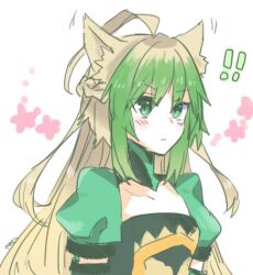 Rule 34 | !, !!, 1girl, ahoge, animal ears, atalanta (fate), blonde hair, braid, closed mouth, dress, fate/apocrypha, fate (series), gradient hair, green dress, green eyes, green hair, mikan tabetai, multicolored hair, sidelocks, simple background, solo, upper body, white background