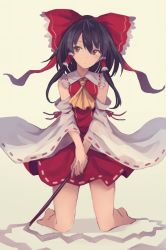 Rule 34 | 1girl, ascot, black hair, bow, brown eyes, detached sleeves, expressionless, eyebrows, full body, gohei, hair bow, hair tubes, hakurei reimu, jpeg artifacts, kneeling, long hair, looking to the side, nakaichi (ridil), own hands together, ribbon, ribbon-trimmed sleeves, ribbon trim, simple background, skirt, skirt set, solo, touhou, wide sleeves