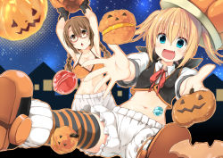 Rule 34 | 2girls, :d, blonde hair, bloomers, blue eyes, bra, braid, breasts, brown eyes, brown hair, chestnut mouth, cleavage, dodome-iro mayonnaise, fang, glasses, gloves, halloween, jack-o&#039;-lantern, large breasts, long hair, midriff, multiple girls, navel, open mouth, orange bra, original, short hair, small breasts, smile, striped clothes, striped legwear, striped thighhighs, thighhighs, underwear, underwear only